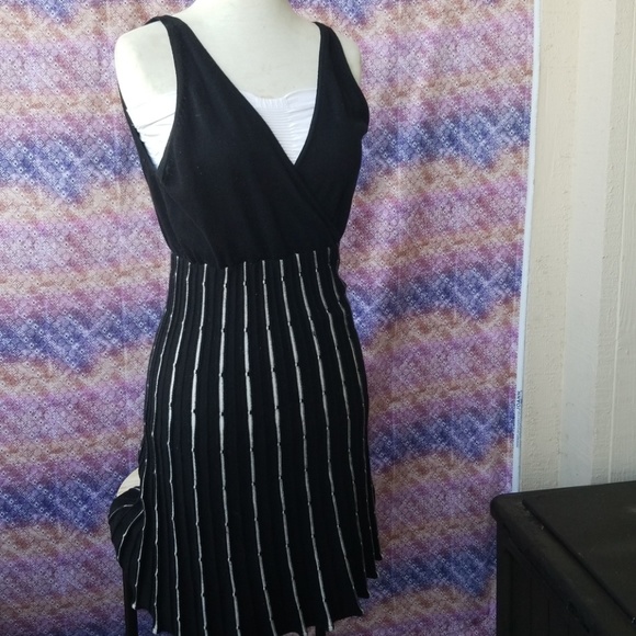 Black Sleeveless Mini Dress w/ White Stripes, - Picture 2 of 4